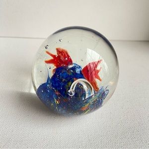 Glass aquarium paperweight round with bubbles blue ocean and red angelfish